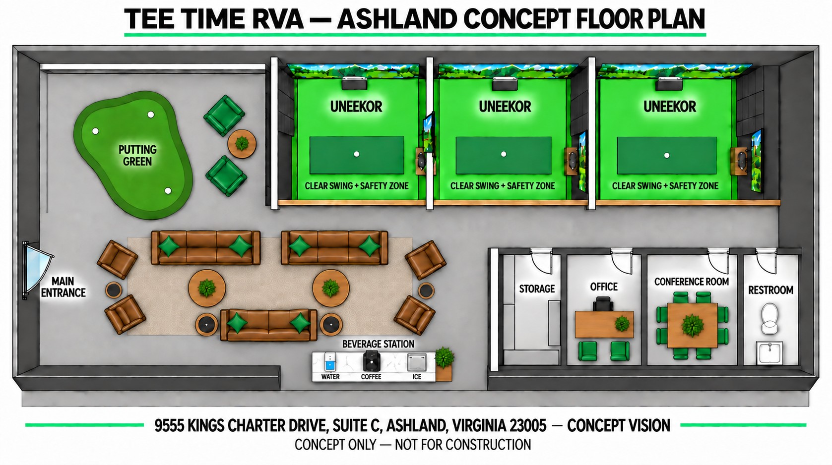 Tee Time RVA Ashland concept floor plan with three Uneekor simulator bays and lounge.