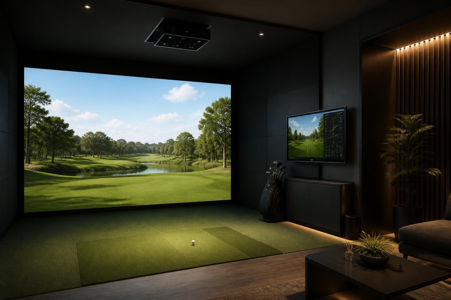 Performance Bay at Tee Time RVA with a full-width impact screen, overhead launch monitor and a side monitor showing ball data